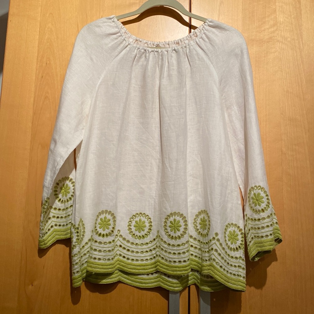 Vintage J. Crew Linen Popover Top White with Green Embroidery Size Medium